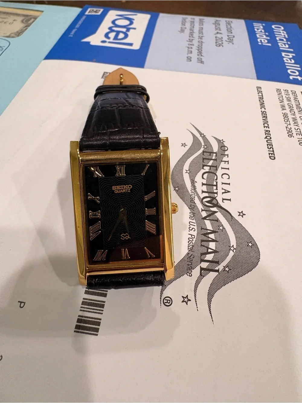 Seiko Gold-Tone Watch with Black Leather Strap